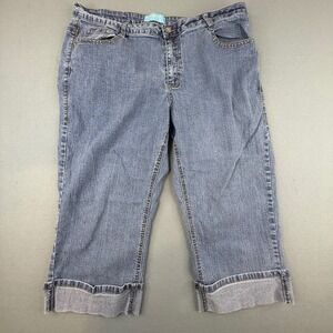 Jeanbay Capri Jeans Womens 20W Blue Denim‎ Rhinestone Embroidered Cuffed Cropped